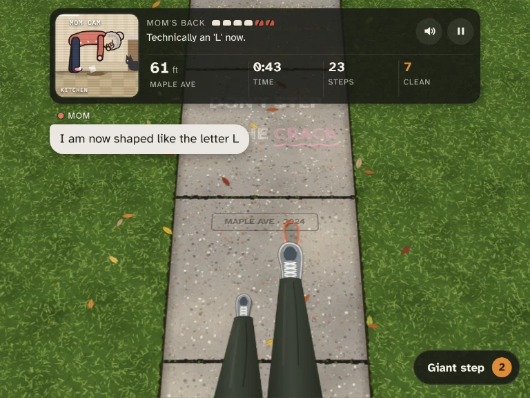 Looking down at sneakers on a chalked sidewalk, with a Mom Cam showing Mom folded in half in her kitchen