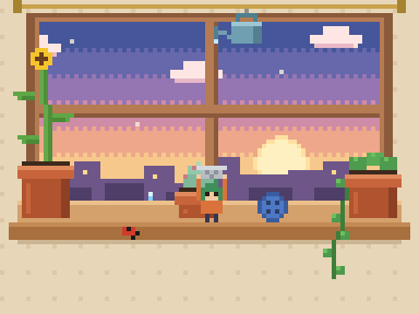 Pixel windowsill with a tiny explorer holding a thimble under a leaking watering can
